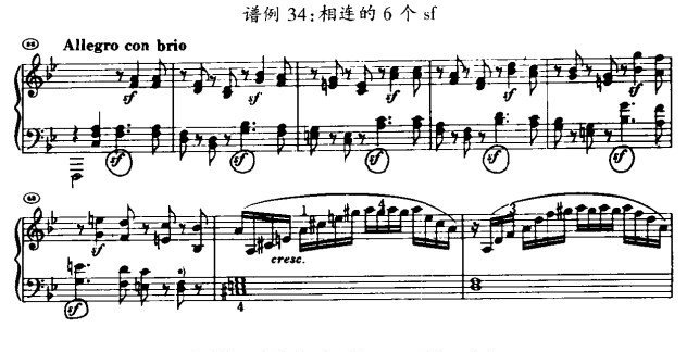 谱例34：相连的6个sf