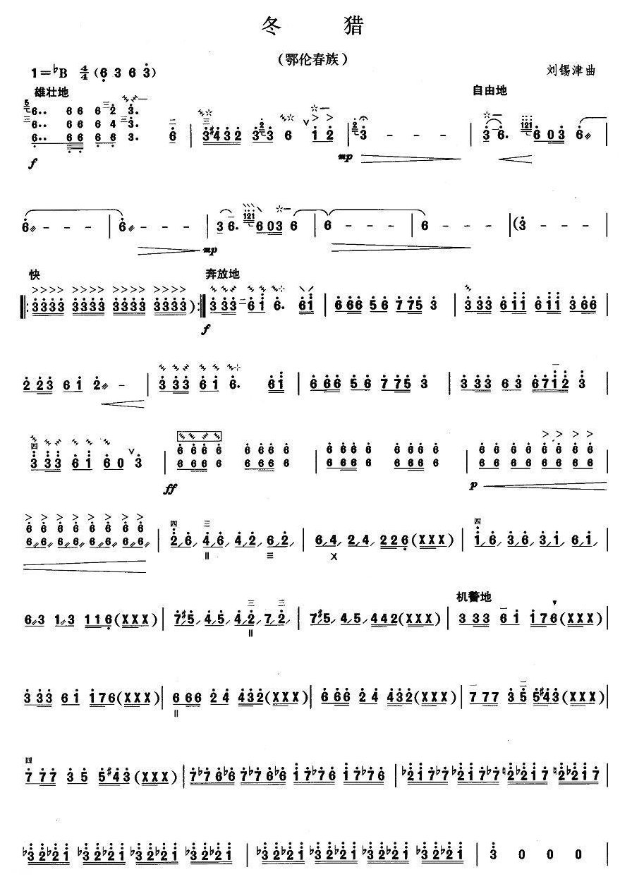 柳琴考级曲谱【柳琴考级曲目七级:冬猎(鄂伦春族)】