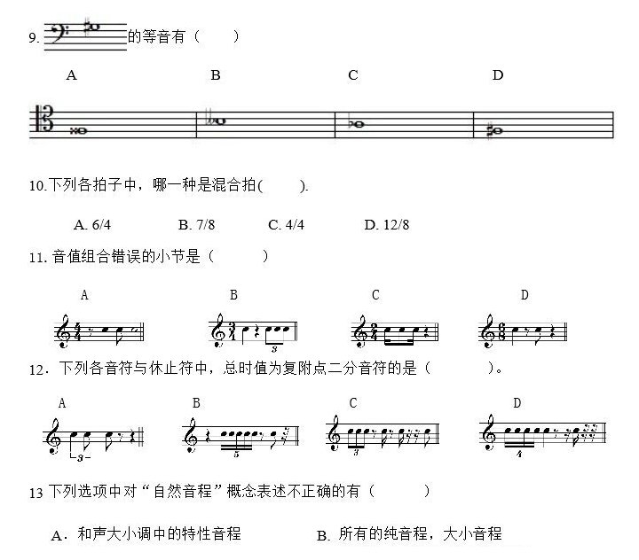 2011年星海音乐学院音乐乐理试题A卷
