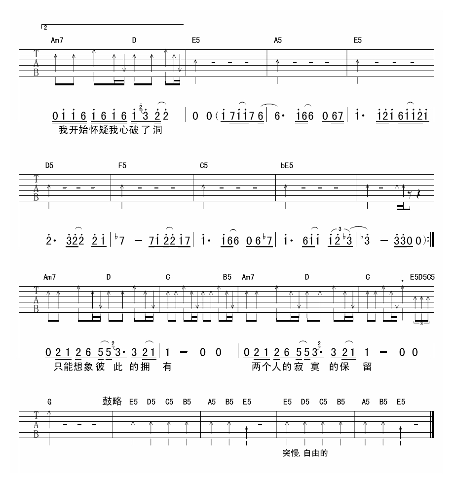 伍佰两个寂寞吉他谱六线谱扫弦版