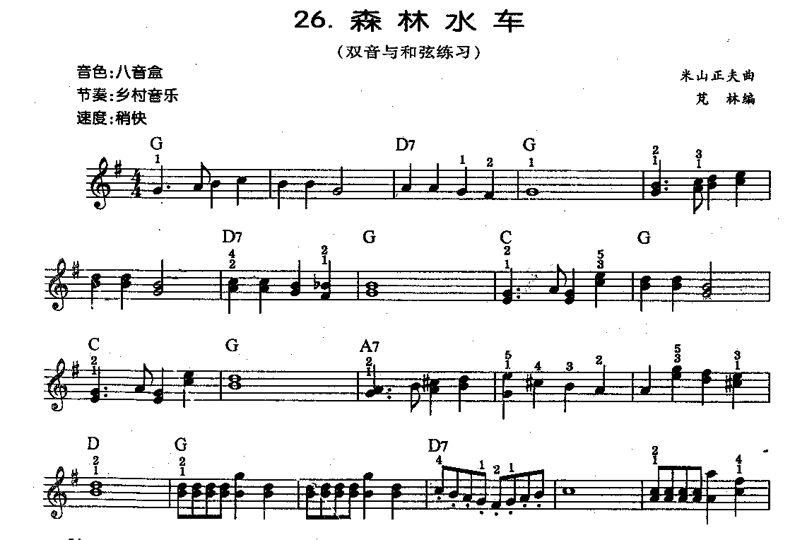 少儿电子琴初级练习曲谱《森林水车》双音与和弦练习1