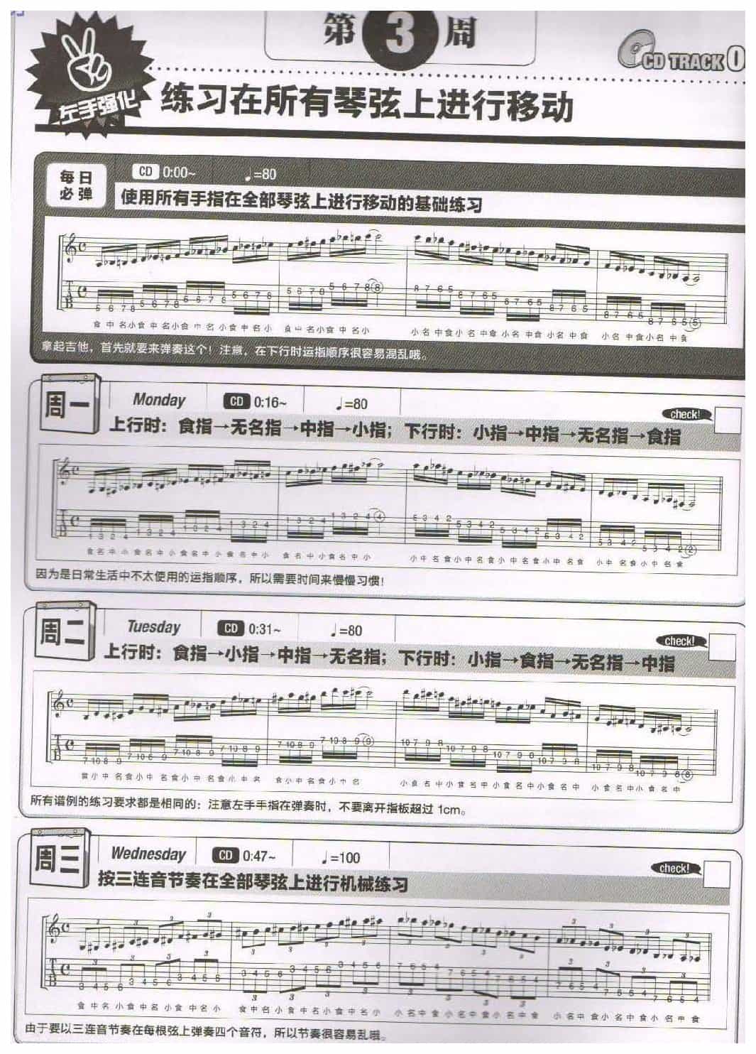 电吉他365日练习《练习在所有琴弦上进行移动》第3周
