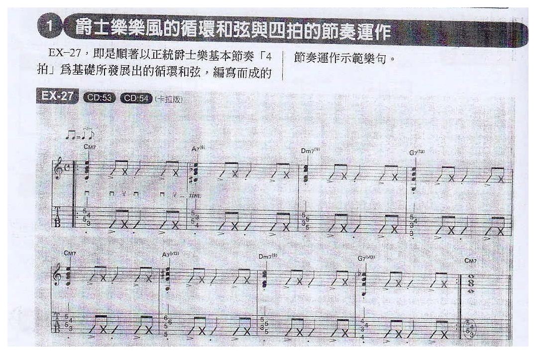 电吉他和弦教学《爵士乐乐风的循环和弦与四拍的节奏运作》爵士/融合乐