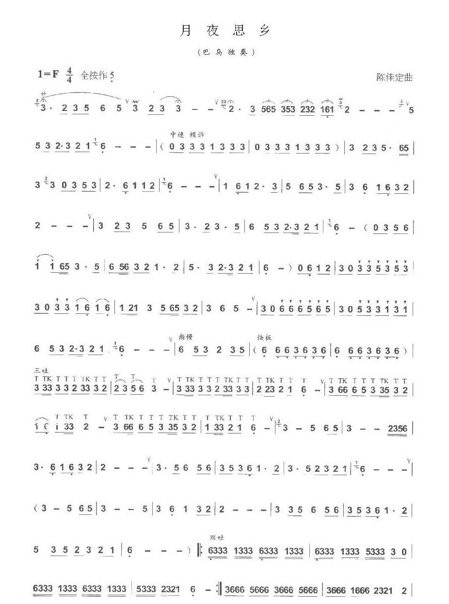 巴乌中高级乐曲《月夜思乡》陈佳定曲