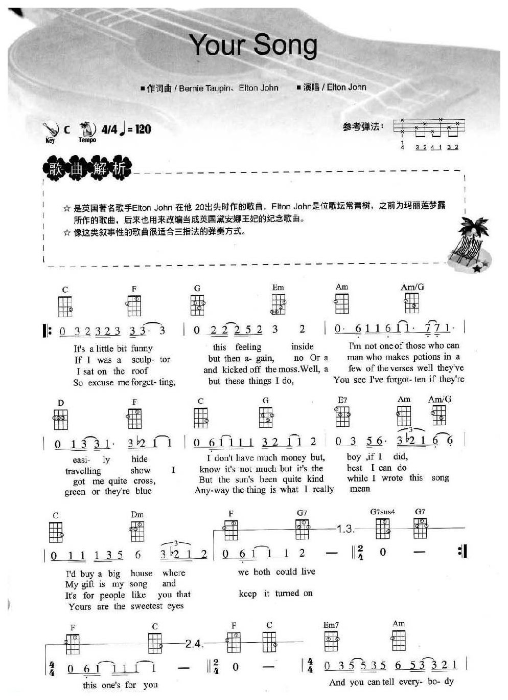 尤克里里精选乐曲【Your Song 】附曲目介绍