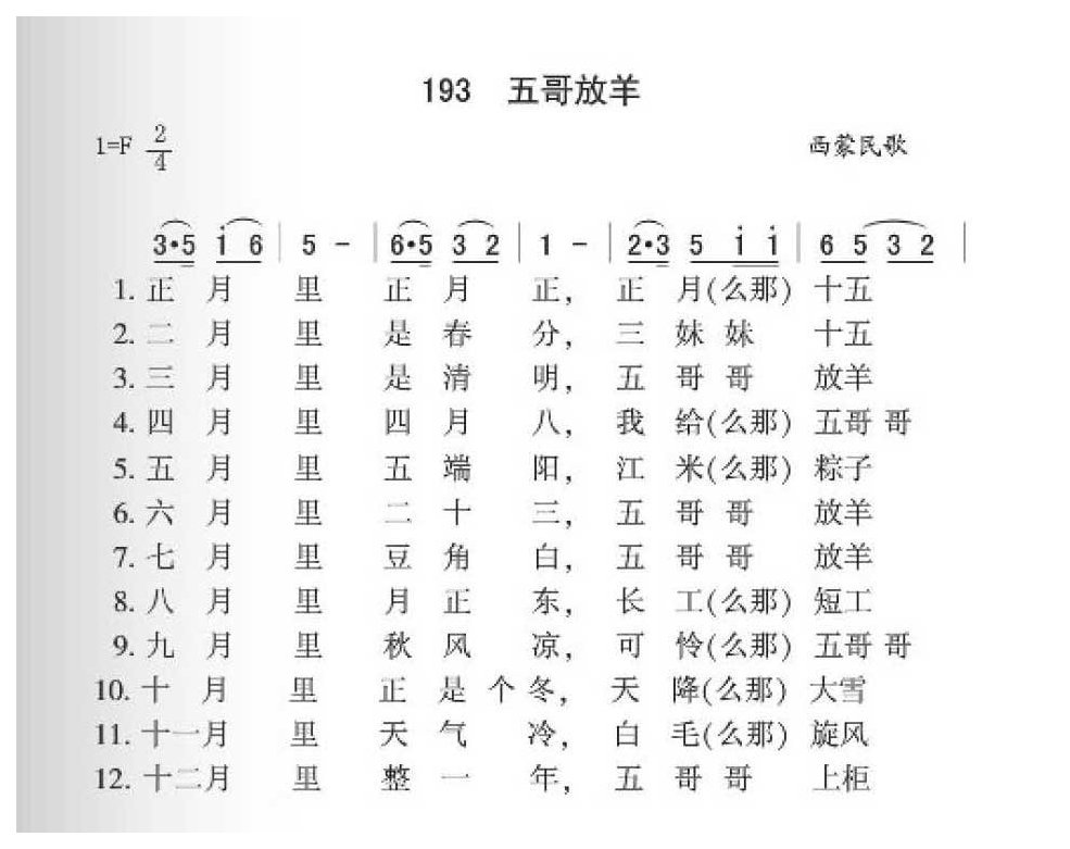 西蒙民歌《五哥放羊》简谱