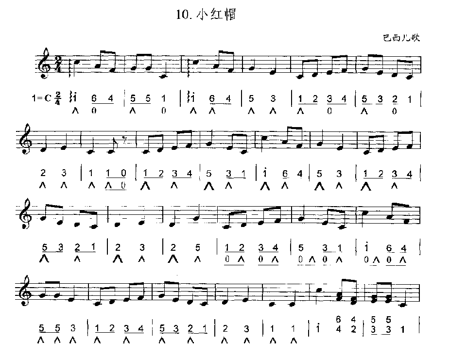 口琴简谱与五线谱对照乐谱《小红帽》巴西儿歌
