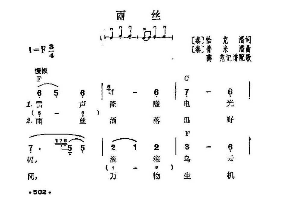 吉他伴奏谱《雨丝》泰 恰克潘 词/ 普米潘 曲