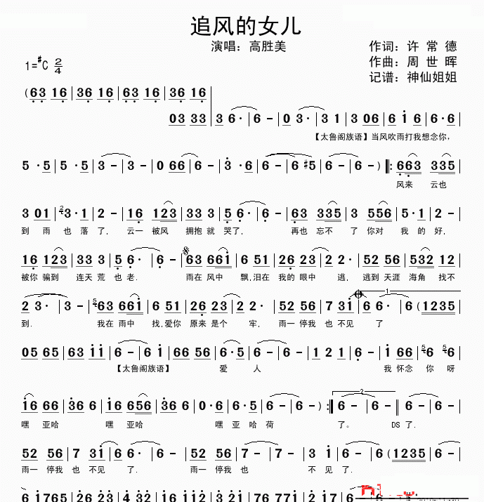 适合笛子演奏乐曲谱《追风的女儿》简谱