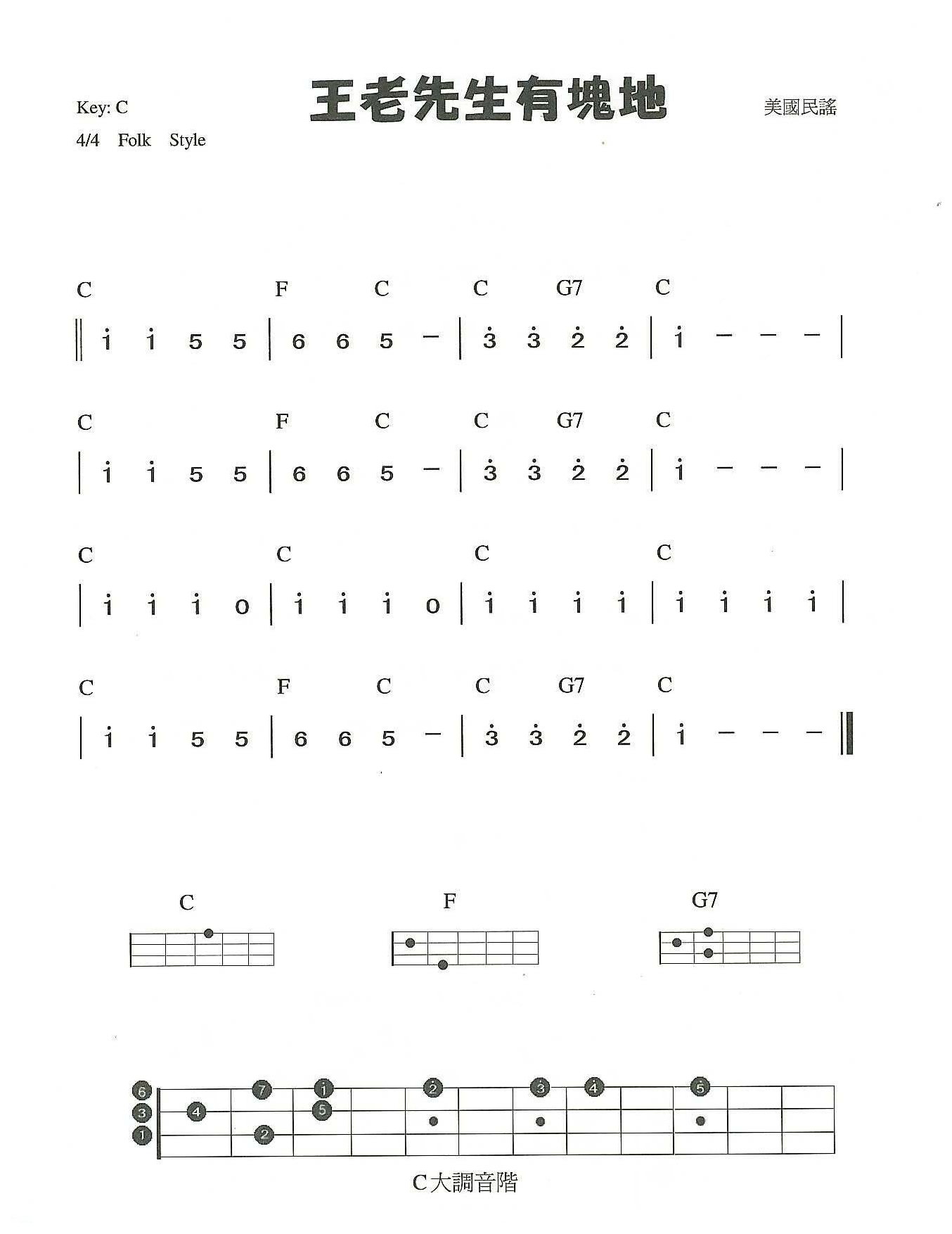 简单的尤克里里练习曲《王老先生有塊地》C大调音阶
