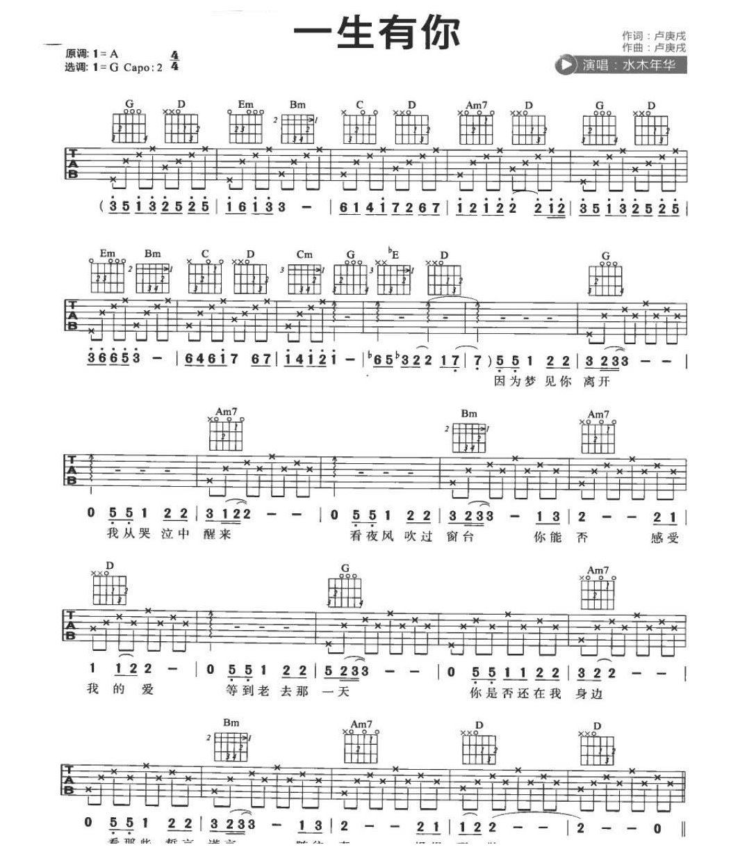 适合吉他初学者弹的歌曲《一生有你》G大调/四四拍/分解和弦+扫弦