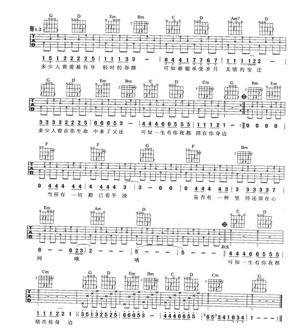 适合吉他初学者弹的歌曲《一生有你》G大调/四四拍/分解和弦+扫弦