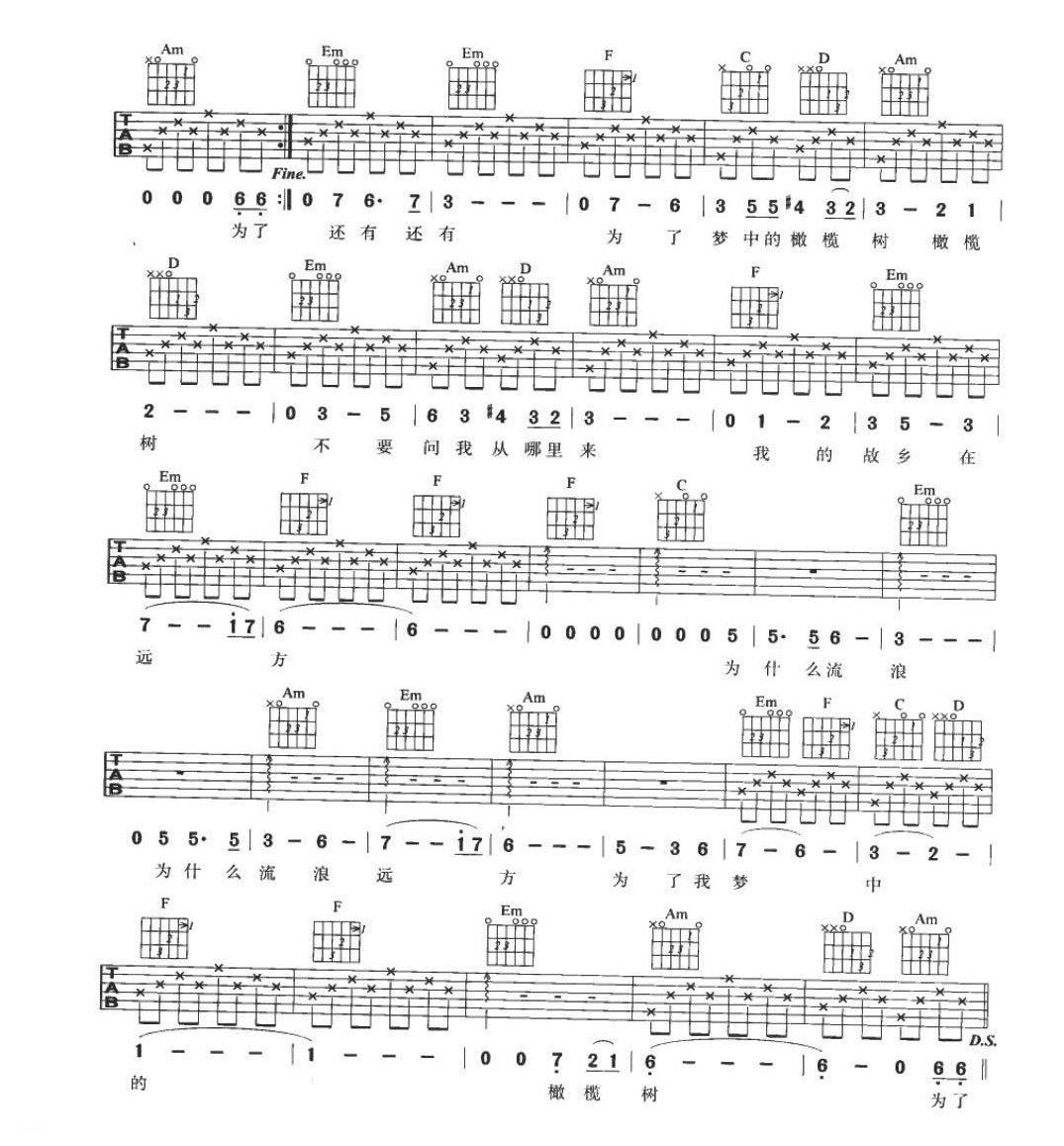 吉他弹唱流行歌曲《橄榄树》a小调/四四拍/分解和弦