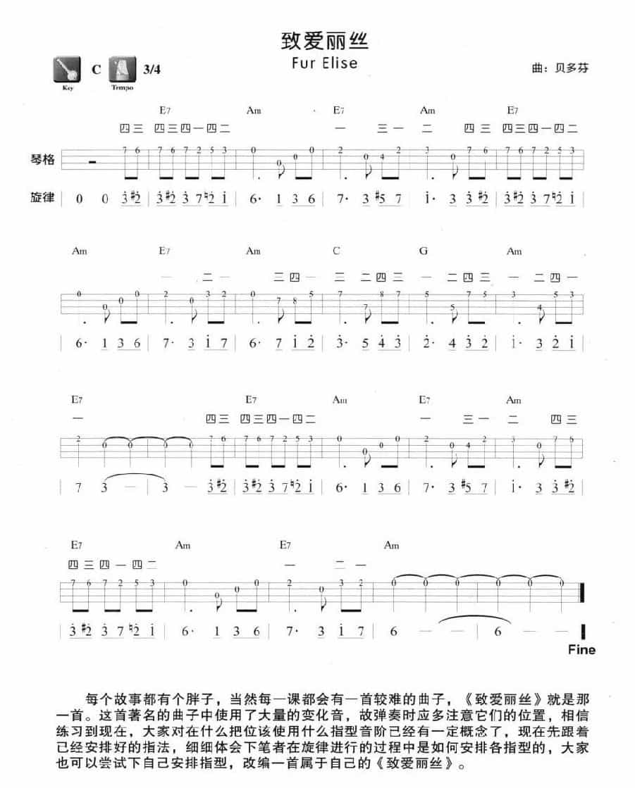 尤克里里练习乐曲《致爱丽丝》单音