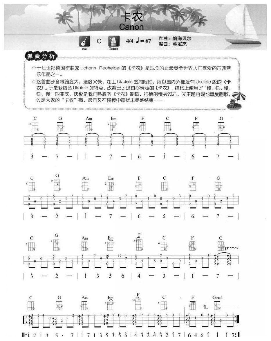 尤克里里练习乐曲《卡农》Finger Style Ukulele演奏曲