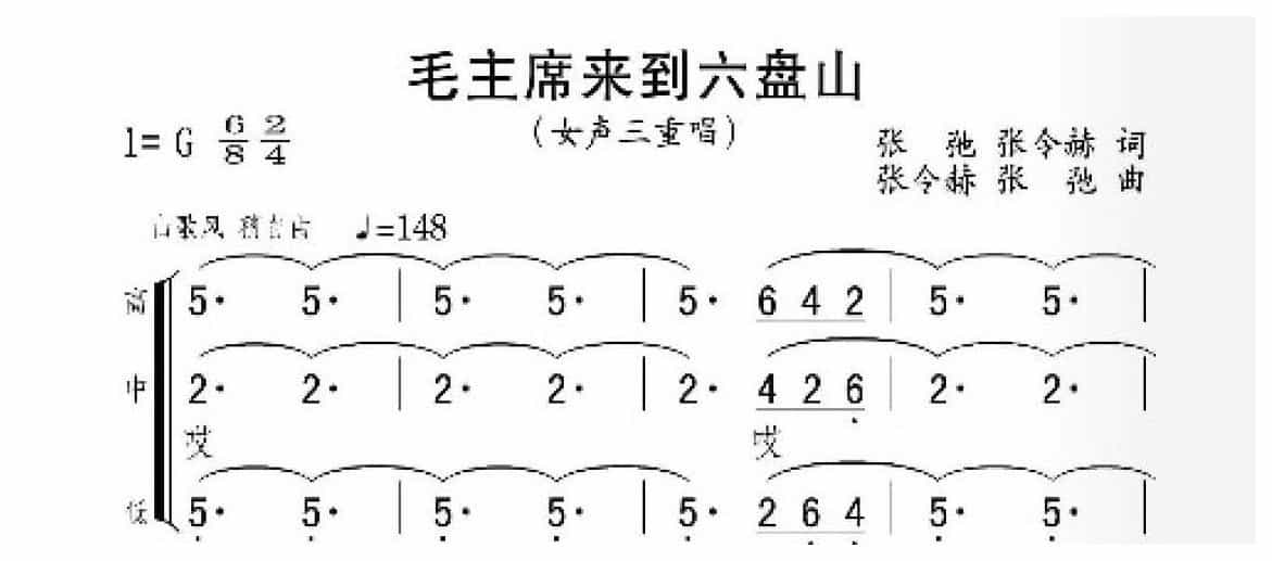 歌唱祖国歌曲简谱《毛主席来到六盘山》女声三重唱