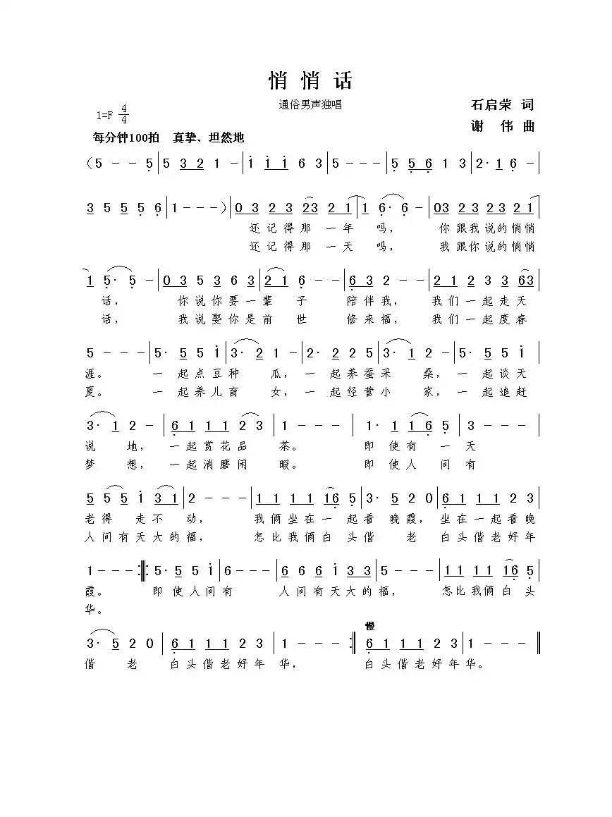 悄悄话（石启荣词  谢伟曲）