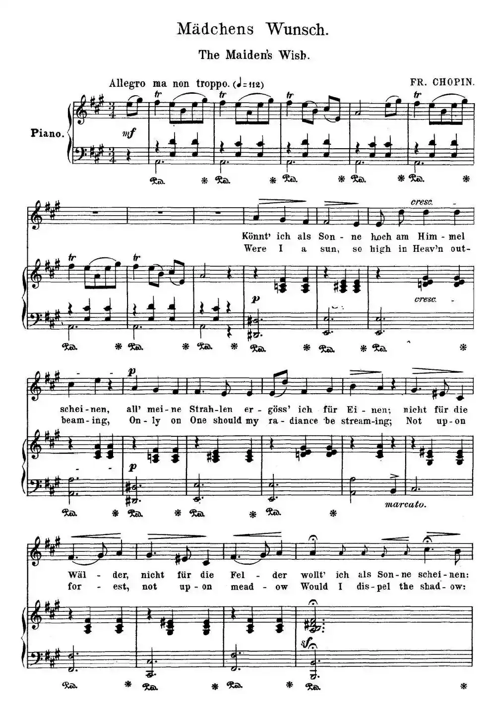 Chopin-17 Polish Songs Op.74，No.1（Madchens Wunsch. The Maiden’s Wisb.）（钢琴伴奏谱）