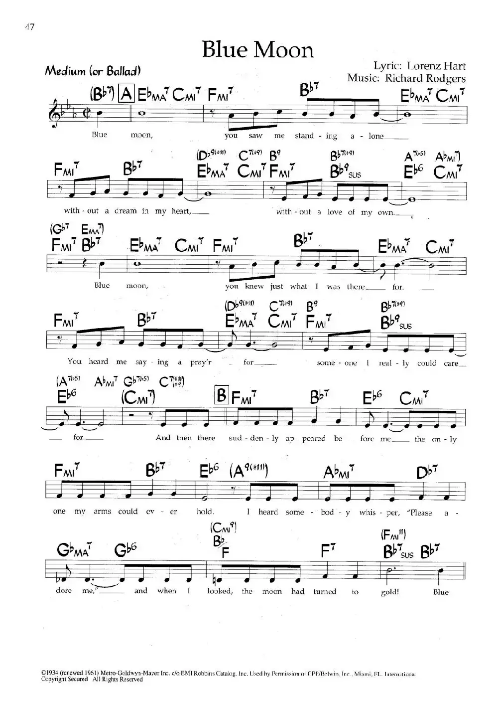 Blue Moon(带和弦五线谱)