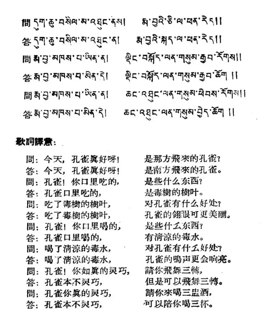 孔雀吃水（藏族民歌、藏文及音译版）