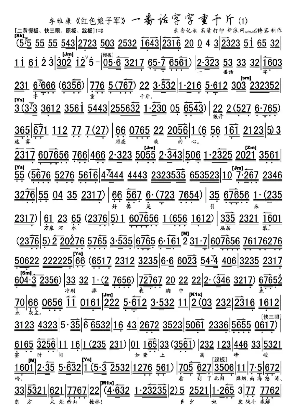 一番话字字重千斤（《红色娘子军》选段、琴谱）